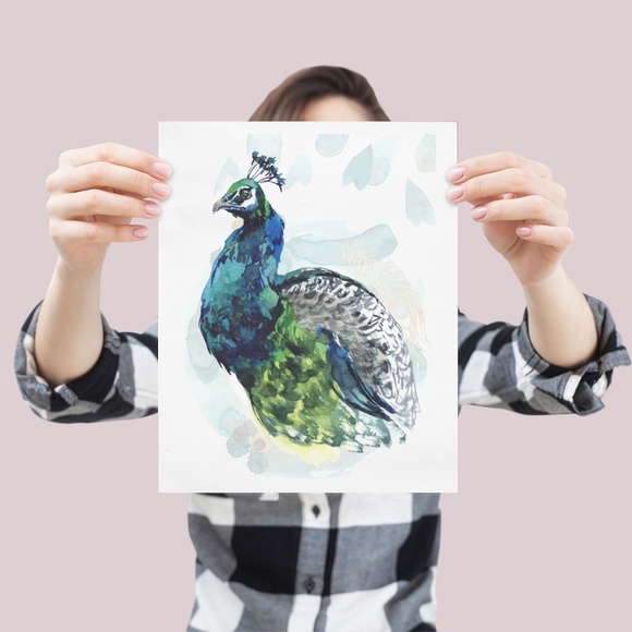 Watercolor Peacock Wall Art Illustration Print Poster Card Unframed - Picture 3 of 7